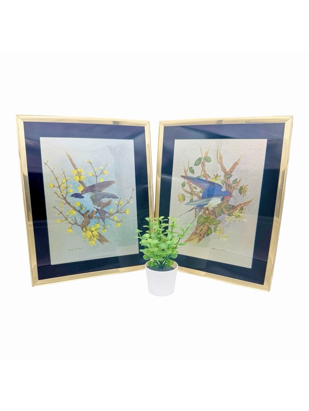 Michael B. Sawdy Foil Bird Pictures Gold Frames 80's Vintage Wall Art